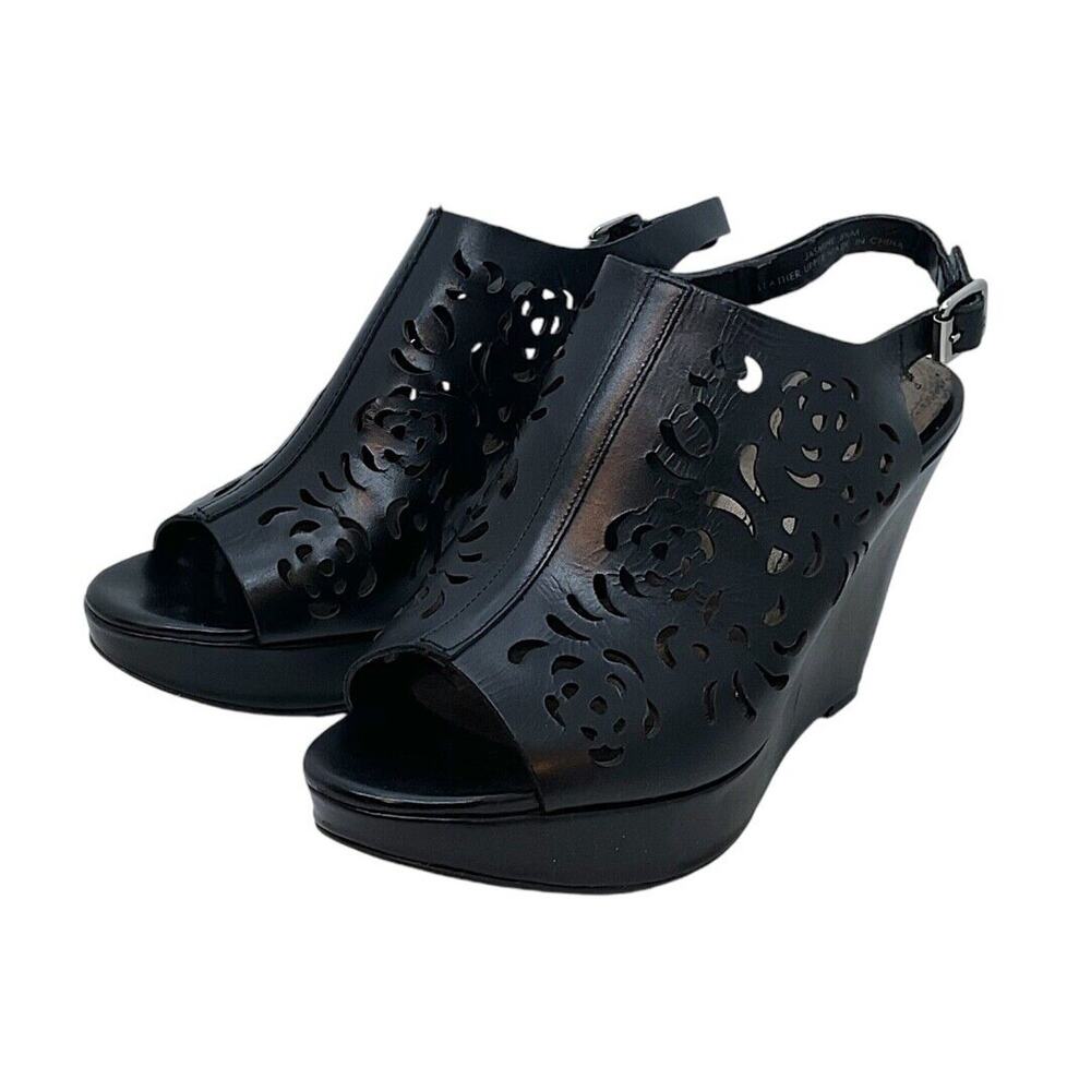 Tahari TA Wedge Sandal Shoe Women’s Size 6.5M Jasmine Black‎ Cut Out Leather